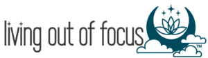 Living Out of Focus logo with moon, lotus, clouds and stars